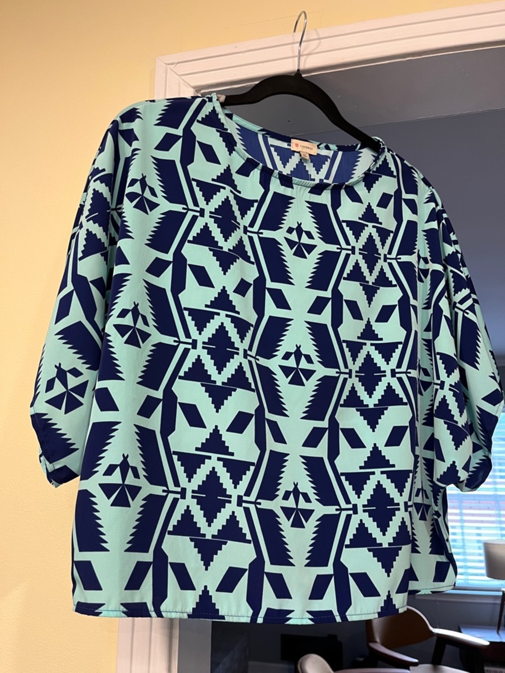 Daniel Cremieux Navy & Light Blue Geometric Short Sleeve Blouse